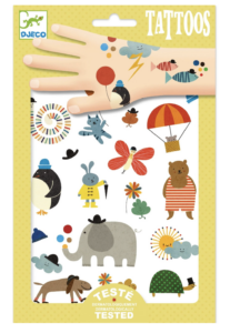 Fun kids temporary tattoos with primary colors and elephants and butterflies